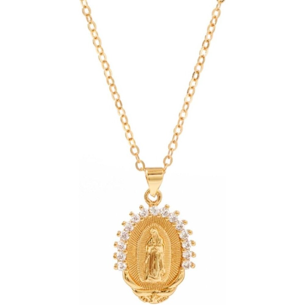 Our Lady of Guadalupe Virgin Mary Gold Plated CZ Pendant Necklace for Women